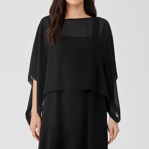 NWT Eileen Fisher Black Sheer Silk Georgette Poncho W/TIE